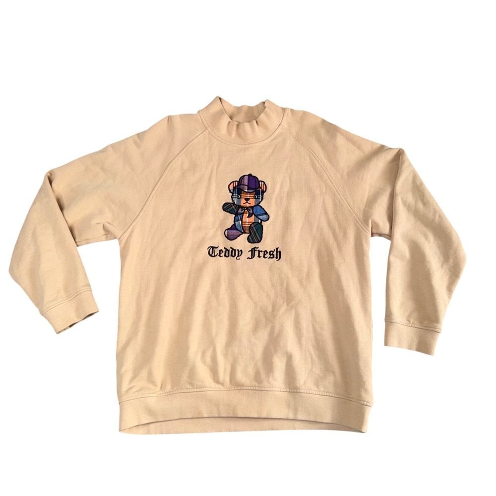 Teddy Fresh‎ Plaid Bear Mock Neck Sweatshirt Mens XL Tan Good Raglan Fleece